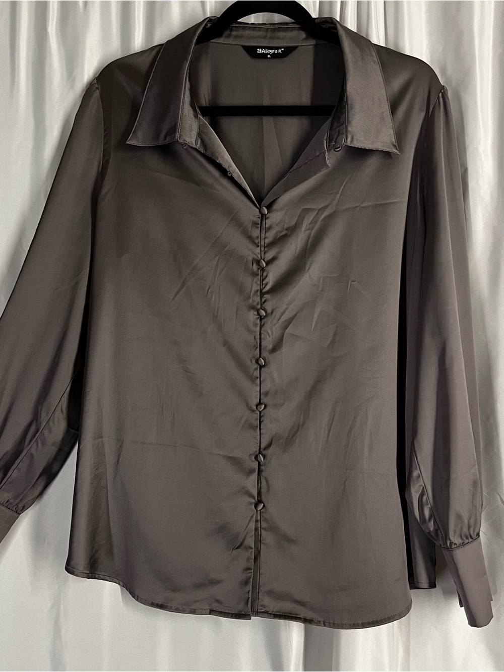 Allegra K Women's Charcoal Satin-Look Button-Up Blouse